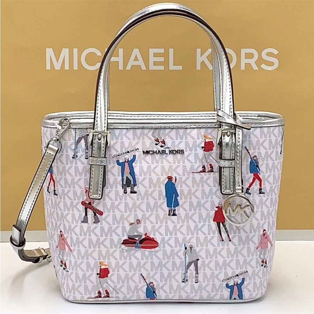Michael Kors Jet Set Girls Print White Signature XSMALL Carryall Top Zip Tote - Picture 3 of 16